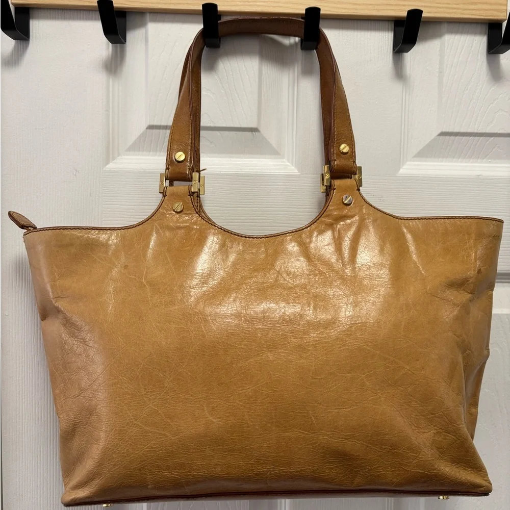 Tory Burch Bombe Glazed Leather Tote in Royal Tan EUC - Picture 8 of 16